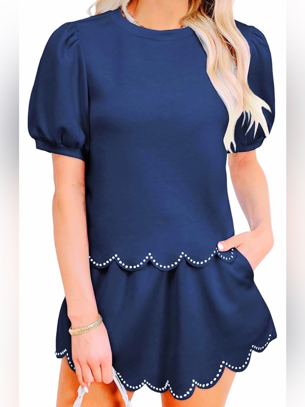NEW Women’s Two-Piece Skort Set with Puff Sleeves in Scalloped Pearl Trim Navy